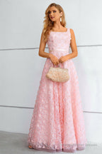 Pink A-Line Lace-Up Back Prom Dress With 3D Flowers