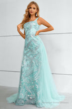 Green Square Neck Mermaid Sequined Prom Dress With Detachable Train