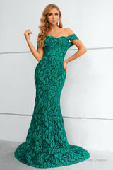 Dark Green Off The Shoulder Mermaid Prom Dress With Appliques