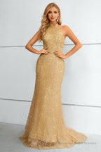 Yellow Halter Neck Mermaid Prom Dress