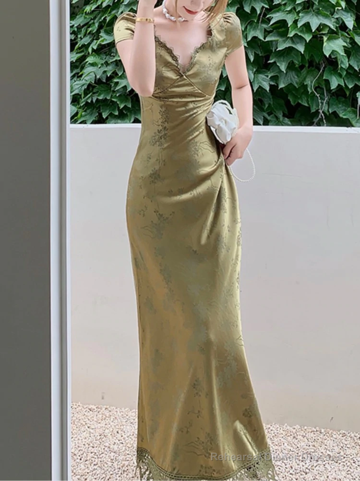 Summer Elegant Women Satin Backless Short Sleeve Lace Sexy Bandage Vintage Bodycon Vestidos Female Fashion Robe New Prom Dress Main image