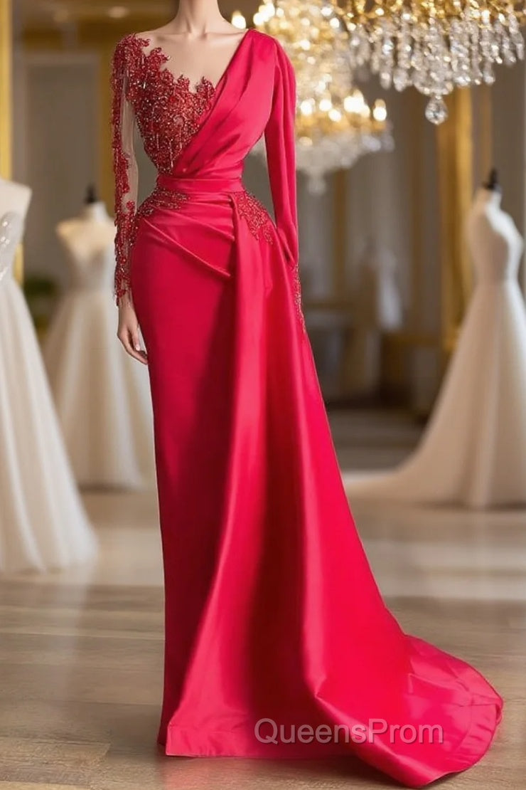 Gorgeous Red Long Sleeve Mermaid Evening Dress Lace Appliques Evening Prom Gown Ruffles Main image