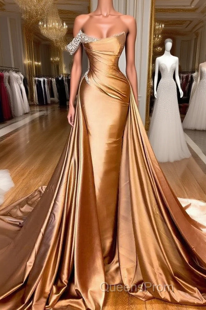 Chic One Shoulder Beaded Mermaid Evening Prom Dress With Court Train Main image