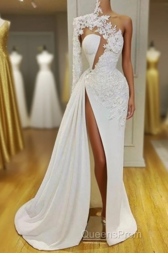 Gorgeous One Shoulder Long Sleeve Evening Prom Dress With Lace Appliques Side Slit Main image