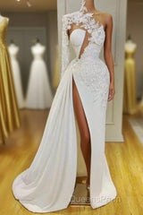 Gorgeous One Shoulder Long Sleeve Evening Prom Dress With Lace Appliques Side Slit