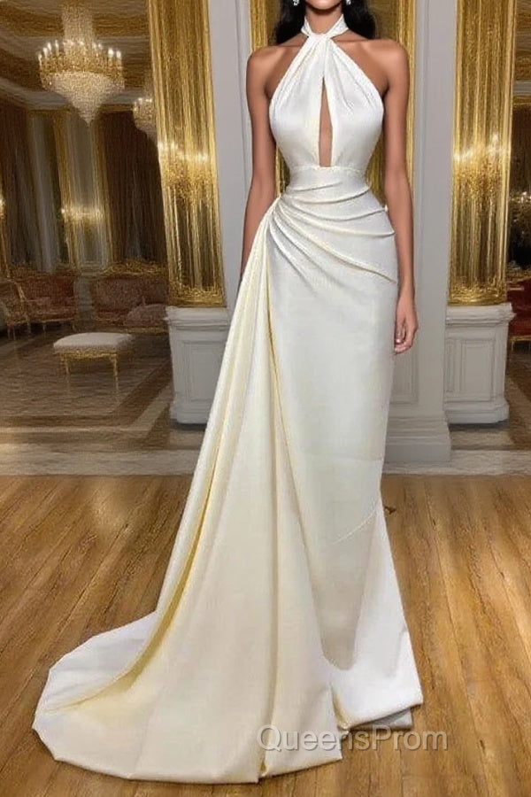 Ivory Halter Long Evening Evening Prom Dress With Split Detachable Train