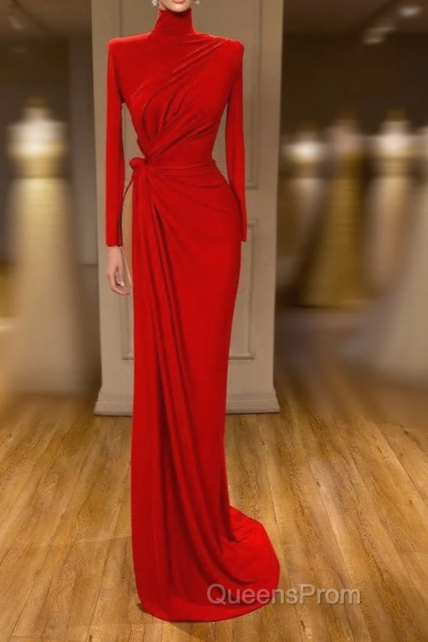 Glamorous High Neck Long Sleeve Red Evening Prom Dress Long With Split Main image