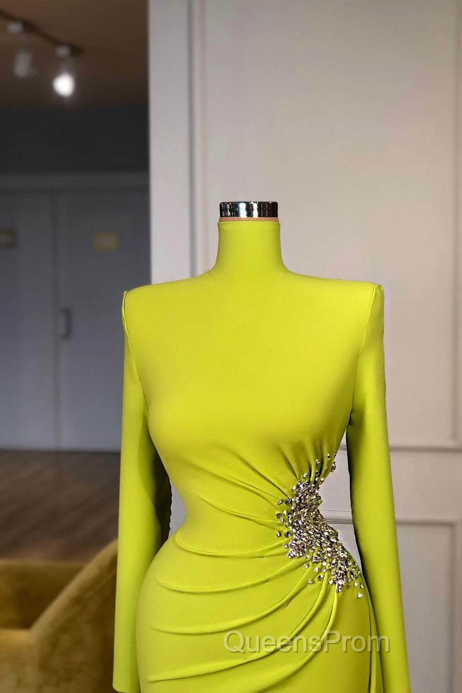 Ginger yellow High-neck Long-sleeves Metallic Beaded Mermaid Evening Prom Dress Secondary image
