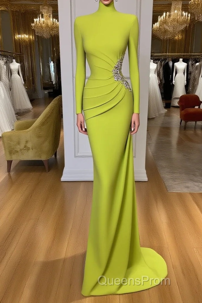 Ginger yellow High-neck Long-sleeves Metallic Beaded Mermaid Evening Prom Dress Main image