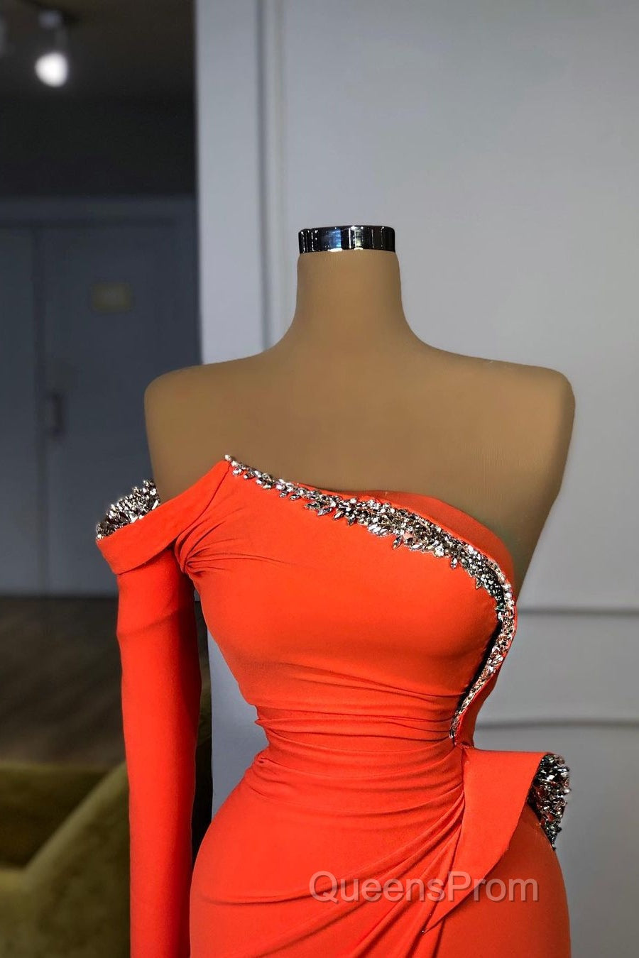 Long sleeves Strapless Orange Sequined Long Evening Prom Dress Secondary image