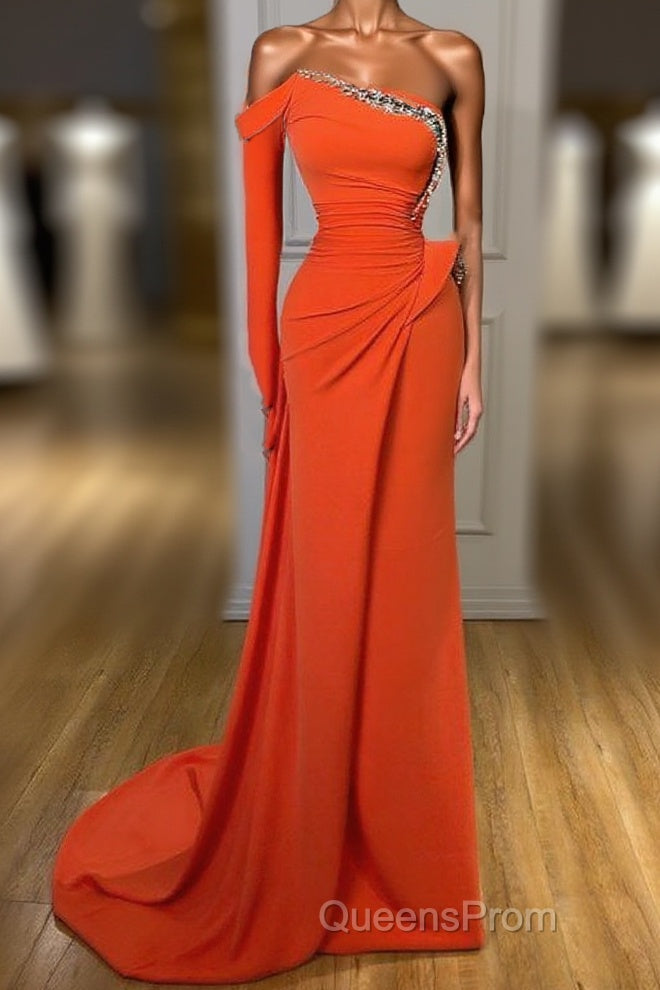 Long sleeves Strapless Orange Sequined Long Evening Prom Dress Main image