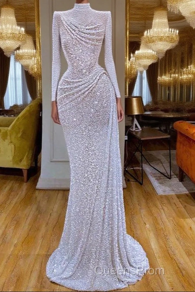 Sparkle White Sequin Long sleeves Pleated Long Evening Prom Dress Main image