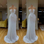 Plunging V-neck Sparkle White Sequined Strapless Evening Prom Dress