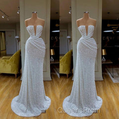 Plunging V-neck Sparkle White Sequined Strapless Evening Prom Dress