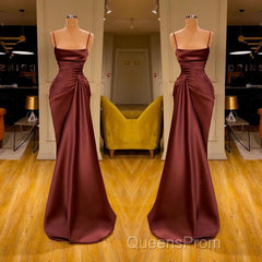 Burgundy Spaghetti-Straps Mermaid Ruffles Evening Prom Dress Long