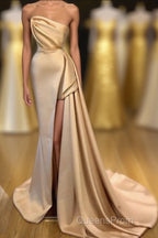 Designer Long Champagne Evening Prom Dress Side Split Evening Party Gowns