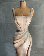 Straps Beadings Long Mermaid Evening Prom Dress Split Evening Gowns