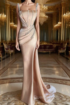 Straps Beadings Long Mermaid Evening Prom Dress Split Evening Gowns