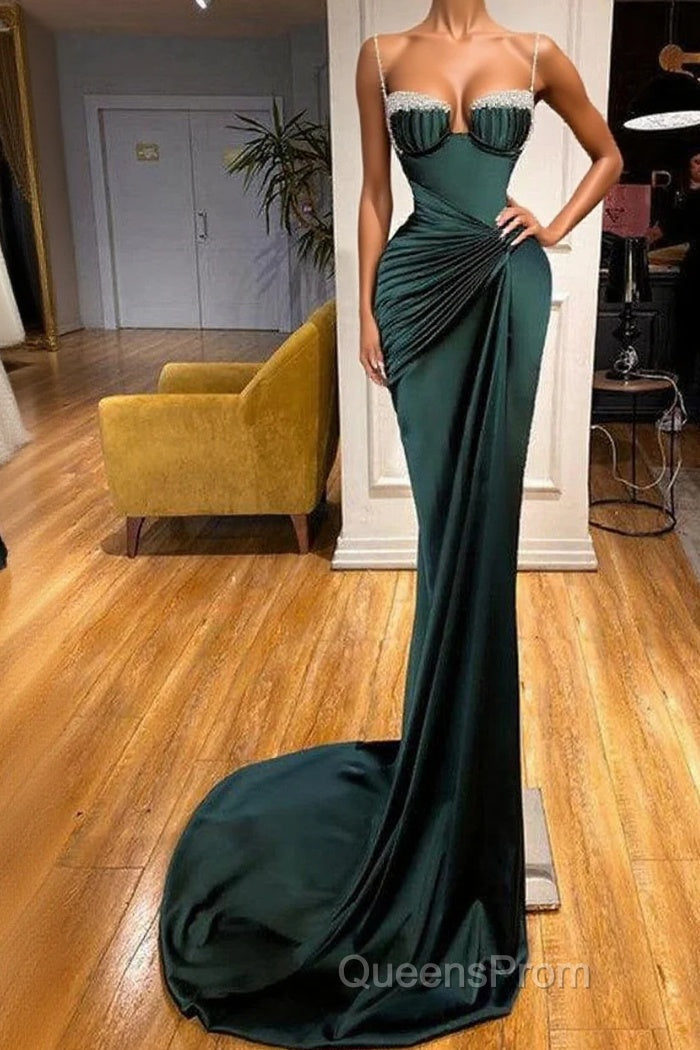 Gorgeous Dark Green Spaghetti-Straps Mermaid Evening Prom Dress With Beadings Main image