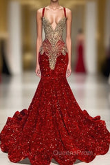 Red Sequins Mermaid Evening Prom Dress Sleeveless With Crystal