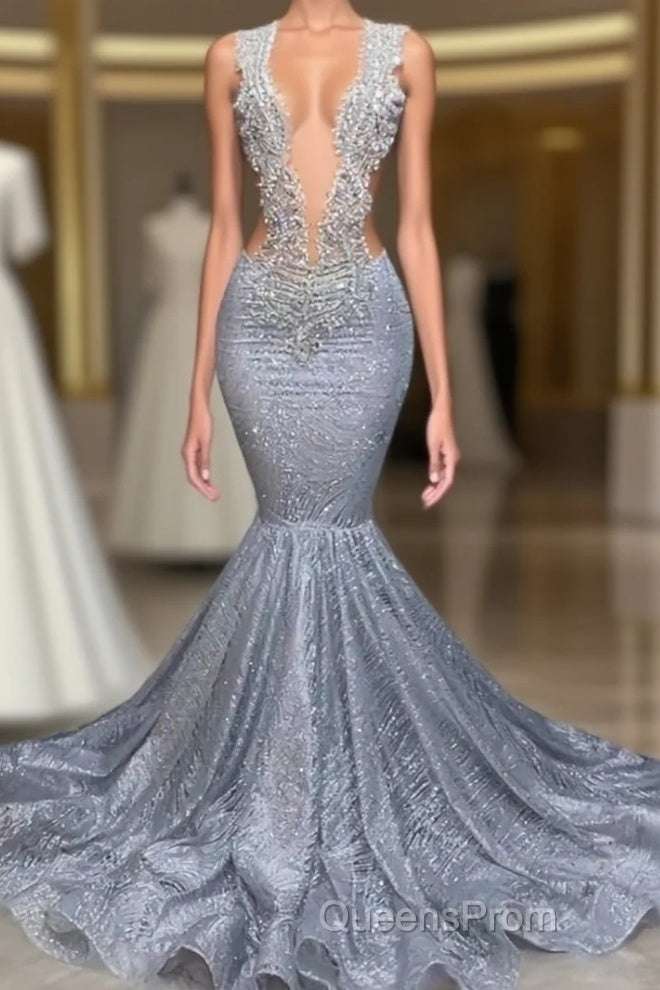 Silver Sequins Mermaid Evening Prom Dress Long With Beads Main image