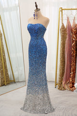 Sparkly Ombre Blue Mermaid Strapless Long Sequin Evening Prom Dress