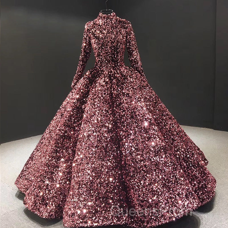 Glitter High Neck Open Back Lace Up Ball Gown Evening Prom Dress