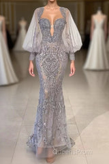 Charming Long Mermaid Sweetheart Tulle Lace Evening Dress with Puffy Sleeves