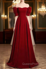 Classic Off Shoulder Long Maroon Evening Prom Dress