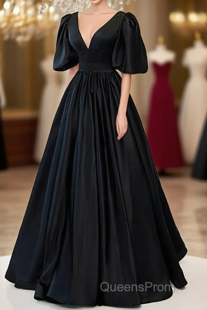 Classy Black Evening Prom Dress Formal Dress with Bubble Sleeves Main image