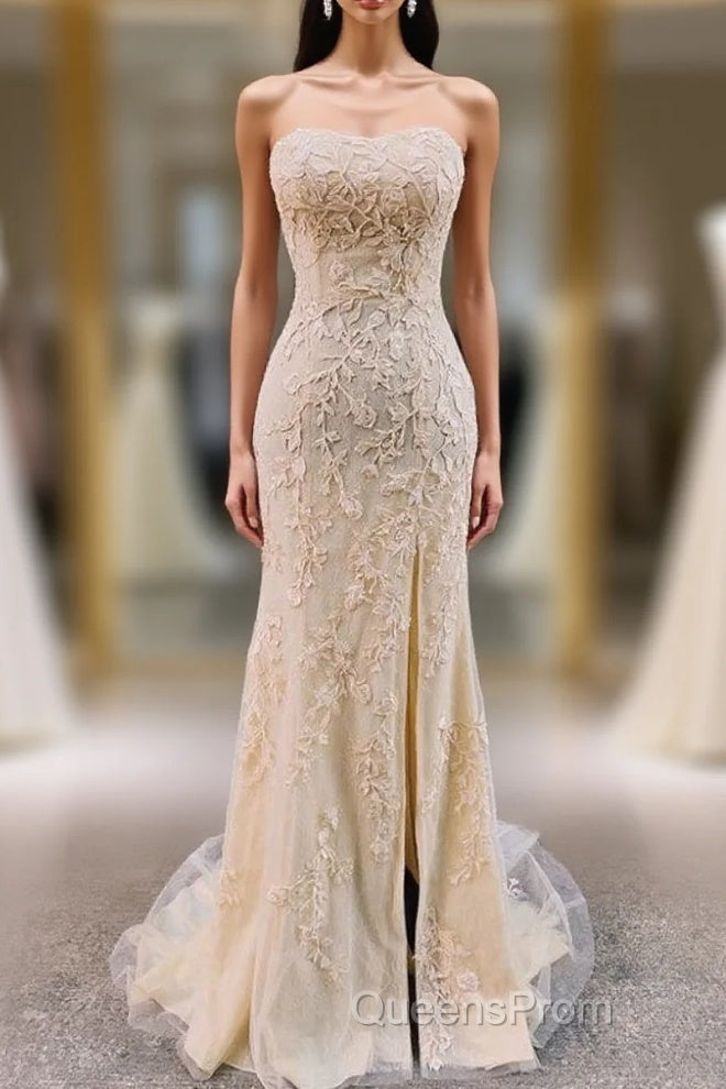 Classy Gold Lace Appliques Long Strapless Evening Prom Dress with Side Slit Main image