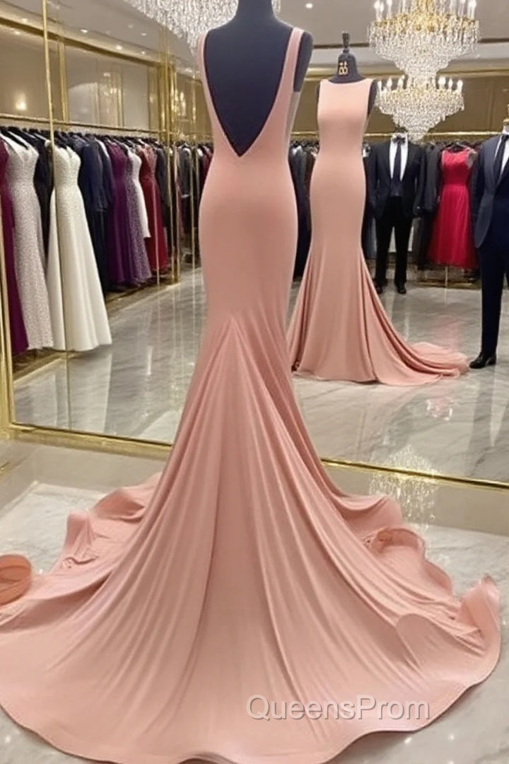 Coral Low Back Bateau Neck Modest Evening Prom Dress with Sweep Train Main image