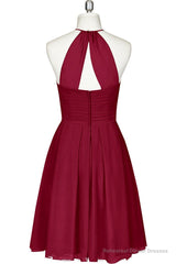 Cute Halter Burgundy Chiffon Knee Length Bridesmaid Dress