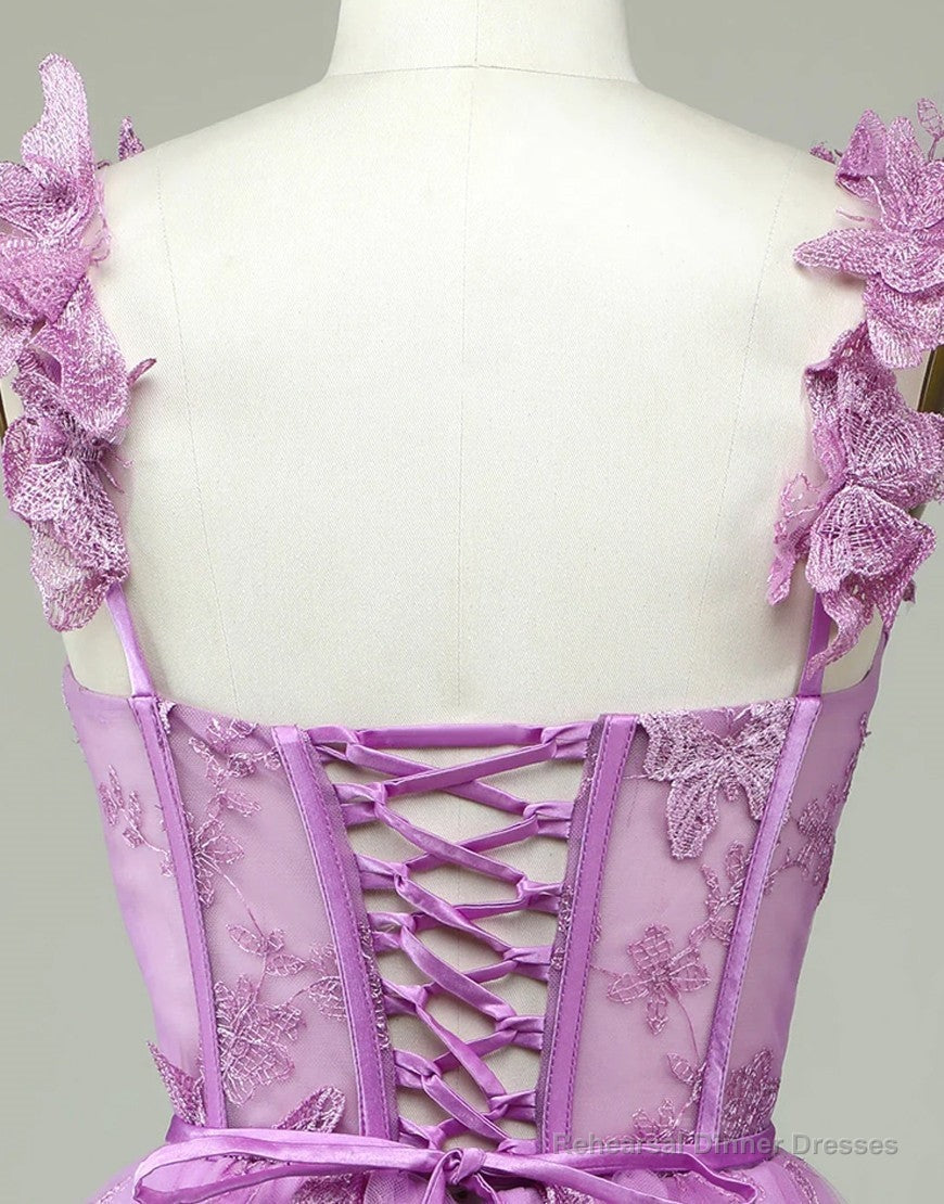 Cute Purple A-Line Lace Up Tulle Homecoming Dress With Appliques