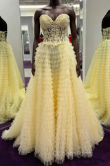 Cute Sweetheart Lace Appliques Tulle Long Evening Prom Dress