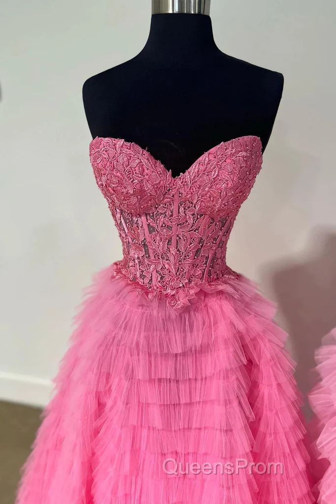 Cute Sweetheart Lace Appliques Tulle Long Evening Prom Dress