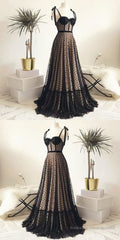 Vintage Polka Dots Spaghetti Straps Black Long Prom Dress
