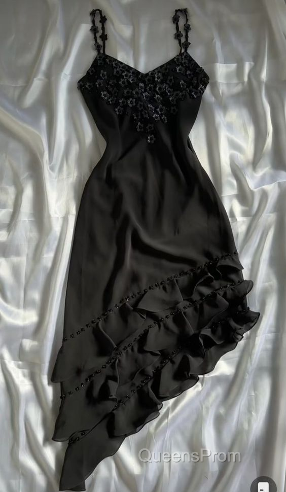 Black Vintage Spaghetti Straps Chiffon Appliques Flower Evening Prom Dress Main image