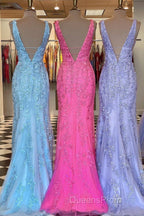 Plunge V Neck Lace Appliques Long Evening Prom Dress