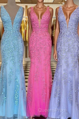 Plunge V Neck Lace Appliques Long Evening Prom Dress