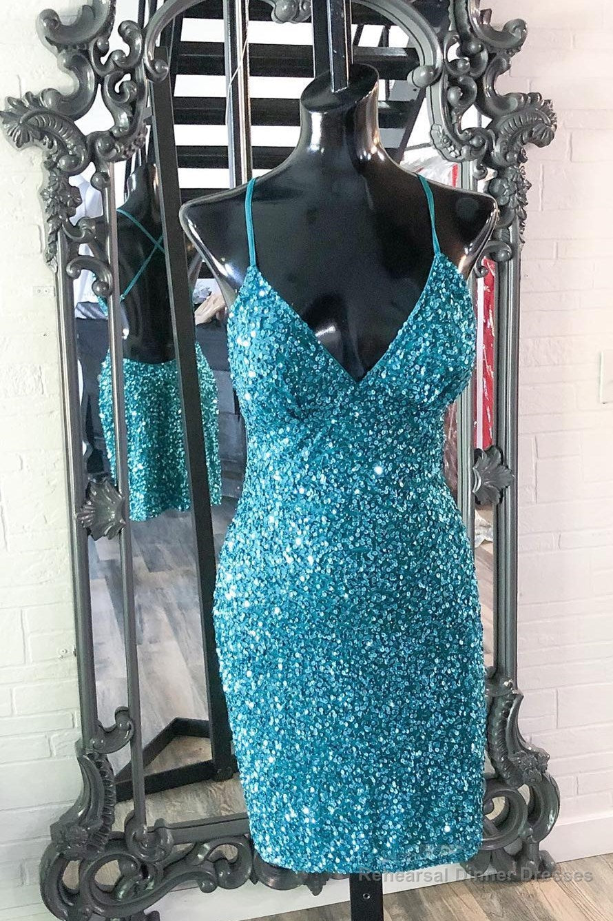 Turquoise Sequins Straps Bodycon Mini Party Dress Main image