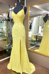Mermaid Yellow Sequins Long Evening Prom Dress with Slit