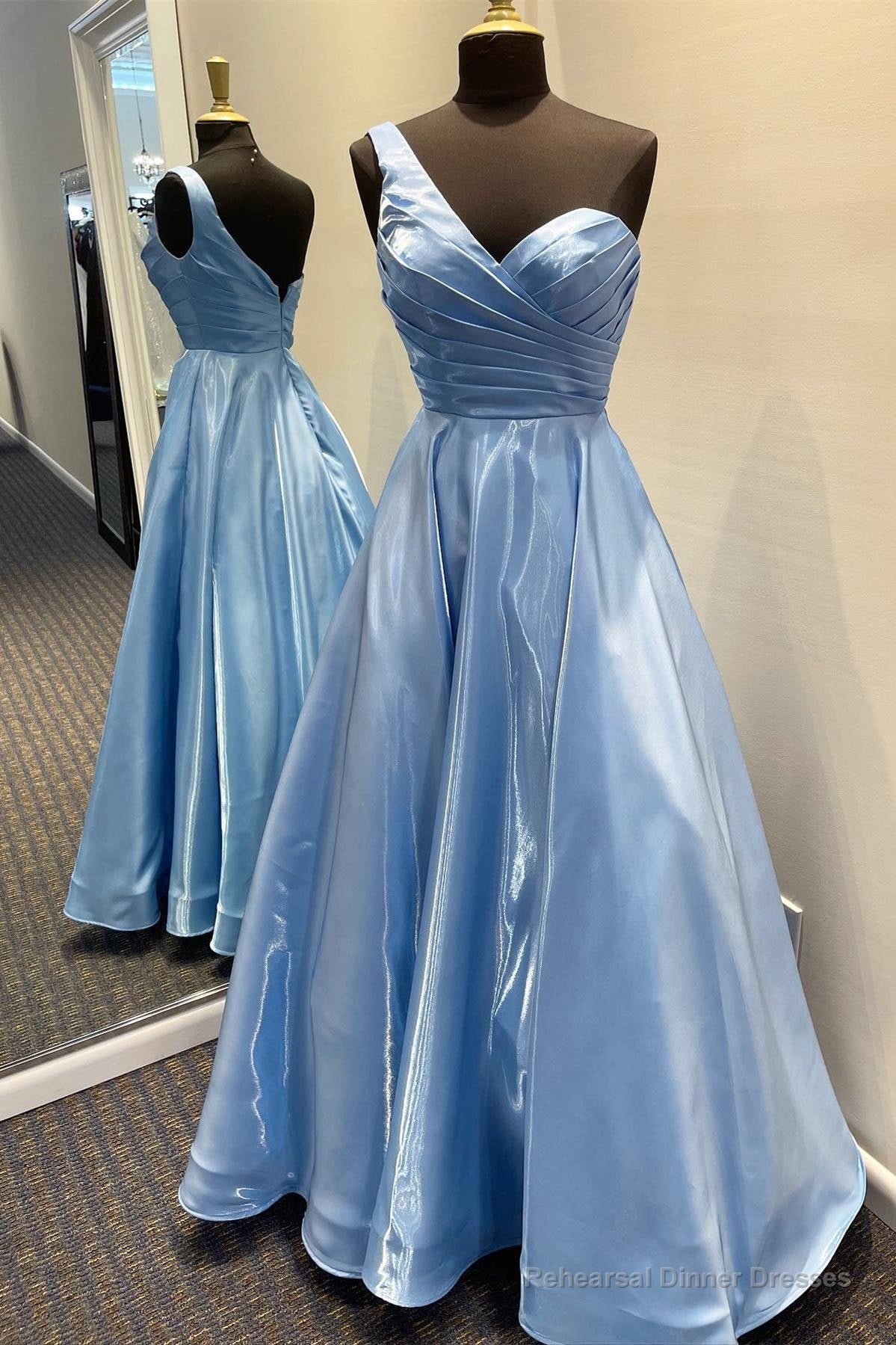 One Shoulder Blue Satin Long Formal Dress Main image
