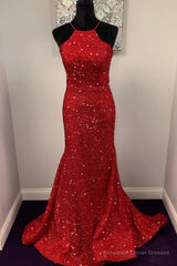 Halter Mermaid Red Sequins Long Dress