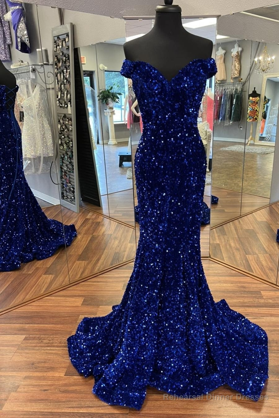 Off the Shoulder Royal Blue Sequins Mermaid Long Formal Dress Main image