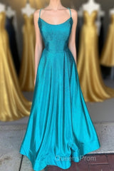 Spaghetti Straps Beaded Teal Blue A-line Long Formal Dress