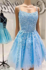 Blue A-line Spaghetti Straps Lace Short Evening Prom Dress, Homecoming Dress