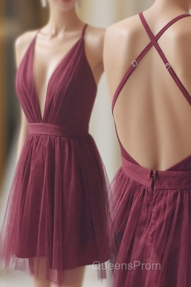 Deep V-neck Spaghetti Straps Sleeveless Tulle Short Evening Prom Dress, Homecoming Dress Main image