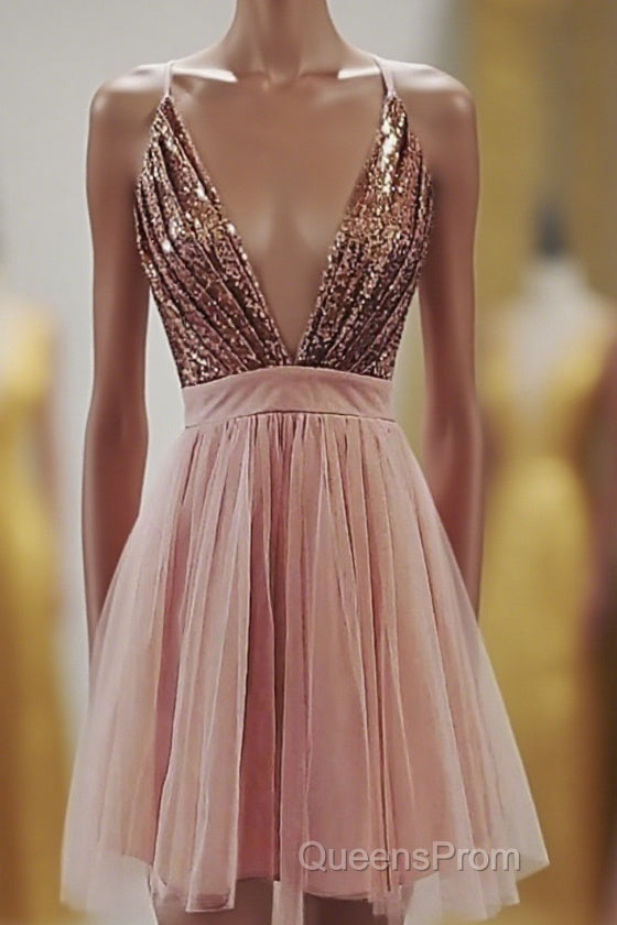 Deep V-neck Spaghetti Straps Sleeveless Sequins Short Evening Prom Dress, Homecoming Dress