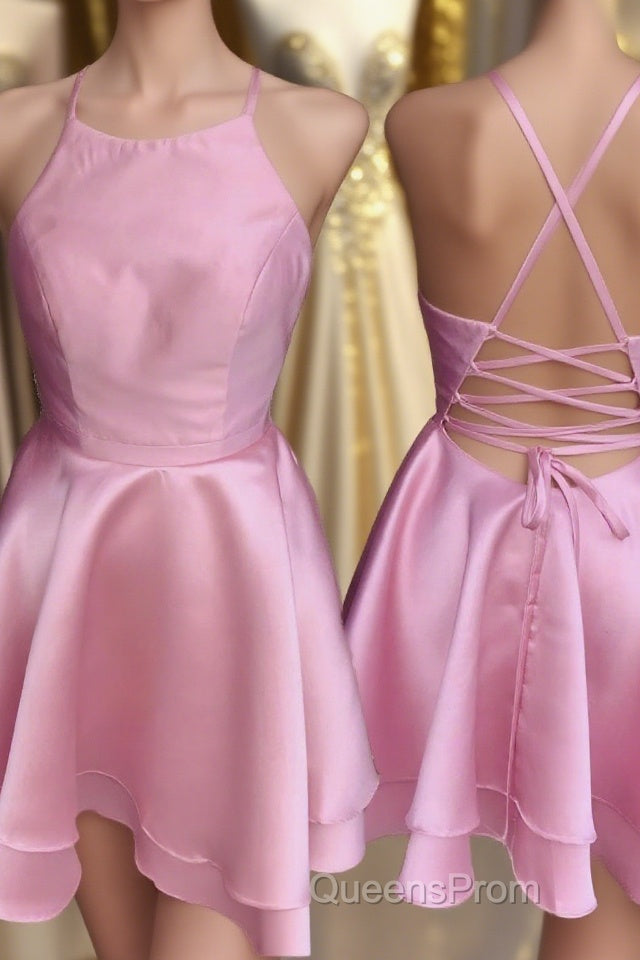 Candy Pink Spaghetti Straps Sleeveless Stain Short Evening Prom Dress, Homecoming Dress Main image